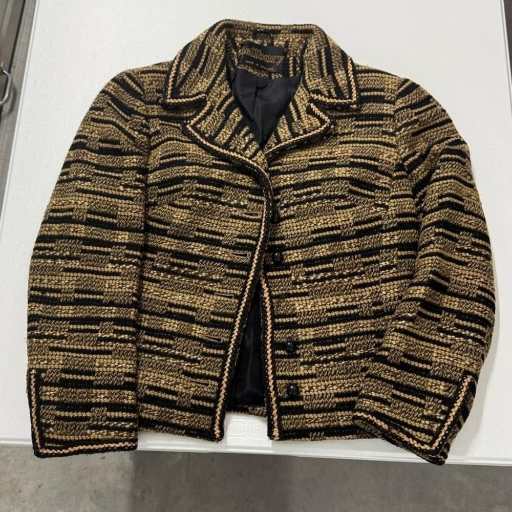 Dellbury England Textured Blazer Womens Gold Black Excellent Braided Trim Jacket